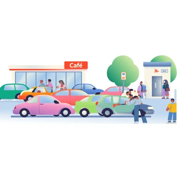 Cars parked at a busy motorway service area with a café and restrooms