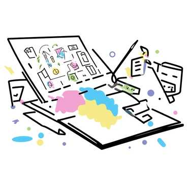 A cluttered desk filled with various art supplies such as pencils, brushes, and sketchbooks. Bright splashes of colors like red, blue, yellow, and green are scattered across the surface. A large sketchbook is opened, displaying a partially completed vibrant drawing of abstract shapes. Flickers of various sketches, some in pencil and others in ink, emerge from the pages, illustrating different imaginative concepts. The atmosphere is dynamic, as if the ideas are actively flowing from the sketchbook into the surrounding space.
