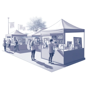 A bustling fair atmosphere filled with booths and artists. Each booth is adorned with various artworks displayed prominently, showcasing different styles and mediums. Artists are engaged with visitors, demonstrating their techniques and discussing their work. The scene is lively, with people walking around, examining the art, and interacting with the creators. The ground is covered with a textured surface, and there are a few trees providing sporadic shade in the background. Some banners can be seen hanging above the booths, adding to the festive ambiance.