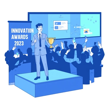 A blue conference room is filled with employees gathered for the annual company ceremony. In the foreground, a smiling individual stands on a small stage, holding a golden trophy labeled "Innovation Award" in their right hand. The award recipient is wearing a tailored gray suit and a tie, with their hair neatly styled. On the left side of the stage, a banner displays the words "Innovation Awards 2023" in bold white letters. The audience in the background is clapping and cheering, with some individuals holding up their smartphones to capture the moment. A large screen behind the stage features a presentation slide highlighting the achievements of the award winner in vibrant colors.
