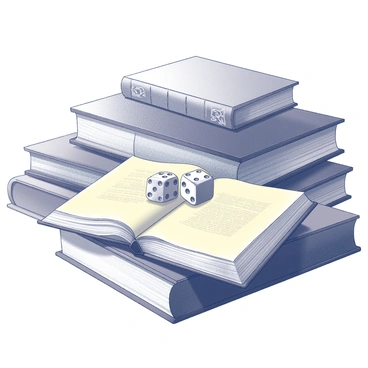 A close-up view of a pair of dice resting on an open book. The book is slightly worn, with yellowed pages and delicate text visible. The dice are positioned at an angle, showing their dots clearly. Surrounding the open book are several old tomes stacked haphazardly, each with ornate spines and intricate detailing. The scene is arranged on a rustic wooden surface, enhancing the vintage atmosphere.