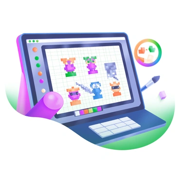A close-up of a computer screen displaying a grid-based software interface. The screen shows several pixel art characters in vibrant colors, meticulously designed with distinct features. Each character stands out on the grid, with a palette of colors available on the side. The cursor is positioned over one character, indicating it is being edited. In the background, there are tools like a color picker and a small brush tool, emphasizing the digital creation process. The overall composition focuses on the screen, highlighting the intricate details of each pixel art character.