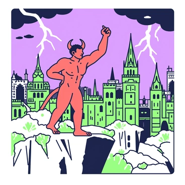 A devil with red skin and sharp horns is standing triumphantly on the edge of a rocky cliff. His posture is dynamic, with one arm raised high as if celebrating a victory. Behind him, a backdrop of a Victorian cityscape is visible, featuring ornate buildings with pointed roofs and intricate details. The sky above is filled with dark clouds, and lightning strikes dramatically, illuminating the scene with bright flashes. In the foreground, jagged rocks and sparse vegetation can be seen, enhancing the sense of height and danger.