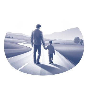 A silhouette of a father and son walking side by side along a winding country road. The father is slightly taller, with a distinct outline of broad shoulders and a relaxed posture. The son, smaller in stature, is holding his father's hand, conveying a sense of companionship. The background suggests a countryside scene with gently rolling hills and a few scattered trees. The setting sun casts a soft light, creating long shadows on the ground, emphasizing the bond between them. The road stretches ahead, inviting and tranquil.