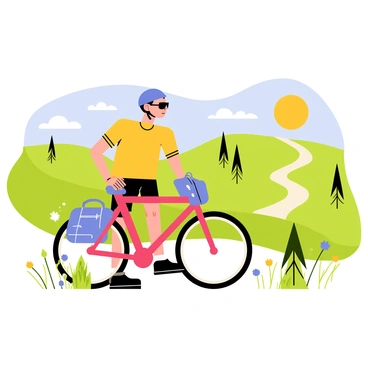 A cyclist is standing next to a bright red bicycle, securely attaching colorful bags to the sides of the bicycle. The bags are a mix of blue and green, designed for travel. The cyclist is wearing a blue helmet, sunglasses, and a yellow cycling jersey. In the background, a rolling green landscape stretches out, dotted with trees and wildflowers under a clear blue sky. A winding road disappears into the horizon, suggesting a long-distance journey ahead. The sun is shining brightly, casting soft shadows on the ground.