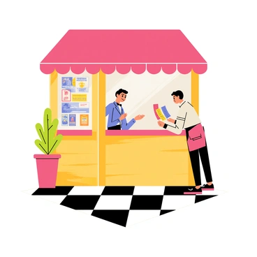 A nostalgic cinema ticket booth made of wood with a bright red canopy. The booth features a large glass window showcasing various movie posters. A smiling attendant stands behind the window, wearing a vintage uniform and a bow tie. The attendant is handing out colorful tickets to an eager customer. The ground around the booth is tiled with black and white squares, and a few potted plants are placed nearby, adding a touch of greenery to the scene.