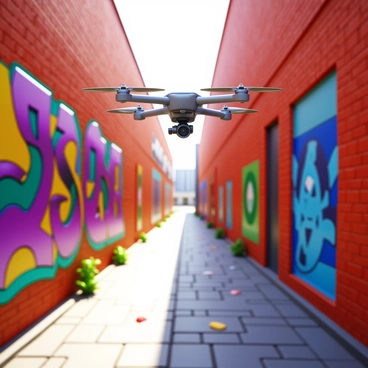 A toy drone hovering above an urban alley. The drone is equipped with a small camera, capturing images of colorful street art murals on the brick walls. The murals feature intricate designs and bold colors, showcasing a variety of artistic styles. The alley is lined with scattered debris and small plants growing through cracks in the pavement. Sunlight filters through the narrow space, illuminating the vibrant artwork and casting shadows on the ground.