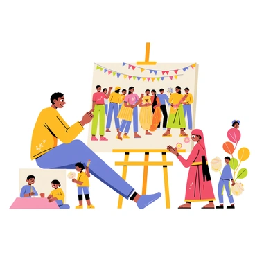 An artist is depicted sitting at an easel, painting a vibrant scene from a local festival in India. The canvas shows a crowd of people wearing colorful traditional attire, dancing joyfully. Colorful banners and decorations adorn the background. In the foreground, a group of children are playing with bright flower petals, while a woman in a red saree is preparing traditional sweets on a table. A few musicians play lively instruments nearby, adding to the festive atmosphere. The sky is clear and bright, enhancing the joyful mood of the celebration.