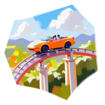 A roller coaster car is perched at the apex of a steep track, poised for its descent. The car, brightly colored in shades of red and yellow, is securely fastened to the metal rails that curve dramatically below. The surrounding scenery features a lush green landscape, dotted with trees and distant hills, creating a vibrant backdrop. The sky above is a clear blue, with a few fluffy white clouds scattered across it. The entire scene captures the moment before the thrilling drop, emphasizing the tension and anticipation in the air.