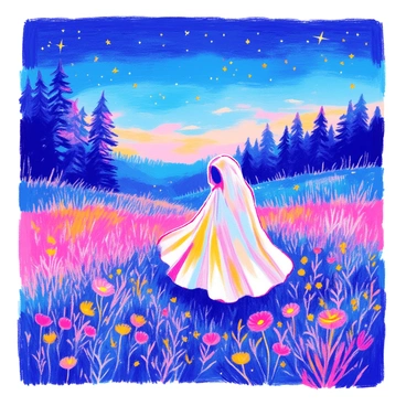 A phantom with a flowing, translucent robe drifts through a quiet meadow. The phantom's features are indistinct, blending softly into the night. Tiny fireflies flicker around, illuminating the scene with their warm, glowing light. The meadow is lush with tall grass and scattered wildflowers, gently swaying in the breeze. The sky above is a deep twilight blue, dotted with twinkling stars. In the distance, silhouettes of trees create a serene backdrop. The atmosphere is filled with a sense of calm and mystery.