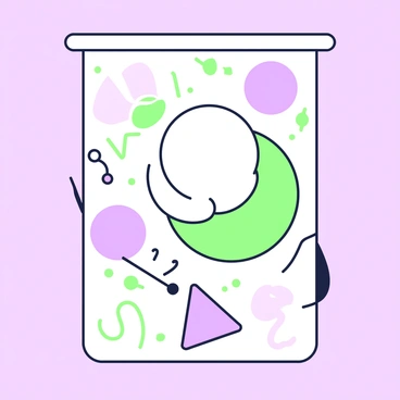 A 1/2 size illustration board is displayed against a plain background. The board features a collection of shapes, including circles, triangles, and lines, arranged in a dynamic composition. The shapes are outlined in green and purple, creating a contrast with the white space of the board. Each shape varies in size and orientation, adding an element of movement to the piece. In the center, there is a large, overlapping circle surrounded by smaller triangles, all outlined distinctly, contributing to the overall design.