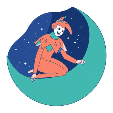 An orange arlequin wearing a colorful costume with diamond patterns is sitting gracefully on a teal crescent moon. The moon has a smooth, shiny surface and is nestled among a scattering of small, bright white stars that twinkle in the dark sky. The arlequin is looking out into the distance with a playful expression, hands resting on the edge of the crescent. The background is filled with deep blue tones, enhancing the vibrancy of the scene.
