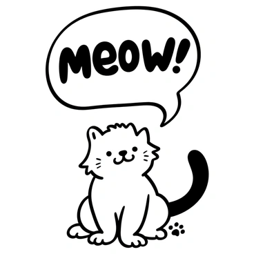 A playful kitten sitting on its haunches, with its fluffy fur detailed and well-defined. An oversized speech bubble, prominently displayed above the kitten, contains the text "Meow!" in bold, stylized lettering. The kitten's tail is curled around its body, and there are small paw prints scattered around the base, adding to the playful theme.