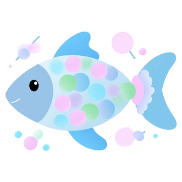 A fish shape crafted entirely from various colorful candies is centered in the image. The body of the fish is formed with round, shiny gumballs in multiple pastel hues, creating a vibrant texture. Strips of chewy candy are arranged as fins, adding a playful and dynamic look. The tail is made of a combination of sour belts twisted together, showcasing a gradient of colors. Surrounding the fish are scattered candy pieces, including jelly beans and lollipops, enhancing the overall candy-themed environment.