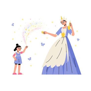 A fairy godmother with a kind expression, dressed in a flowing gown adorned with stars, is waving her sparkling wand. Bright, colorful sparkles are emerging from the wand, swirling in the air. In front of her stands Aschenputtel, with an eager look on her face, wearing a simple dress. The scene is filled with a magical glow as the sparkles begin to form into an elegant gown, showcasing flowing layers and shimmering fabric. The background features soft, whimsical elements like twinkling stars and floating butterflies, enhancing the enchanting atmosphere of the moment.