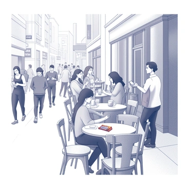 A bustling street scene with a Snickers bar on a café table outside.