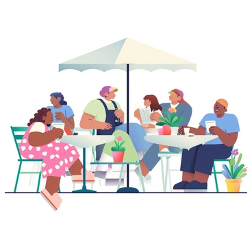 A bustling outdoor café in Montpellier is filled with people enjoying coffee and reading books. Tables are arranged closely together and are topped with white tablecloths. A woman with curly brown hair wearing a floral dress sits at a table, sipping from a ceramic mug while reading a novel. Next to her, a man in a blue shirt is focused on a newspaper. In the background, a waiter with a black apron is serving coffee to a group of friends laughing and chatting near a large umbrella providing shade. Potted plants with colorful flowers are placed around the café, adding vibrancy to the scene.