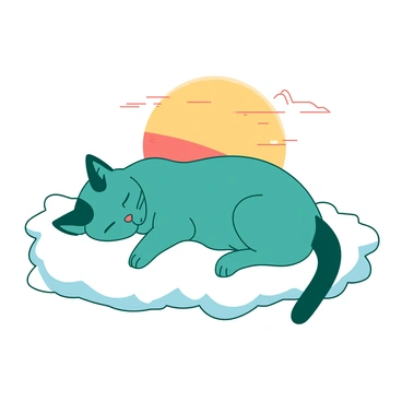 A teal cat with closed eyes is napping on a white fluffy cloud. The cat is curled up with its paws tucked beneath its body. In the background, there is a large sun setting, casting a soft glow across the sky. The cloud appears billowy and detailed, contrasting with the sun's vibrant colors. The scene has a tranquil ambiance, highlighting the peacefulness of the cat's slumber.