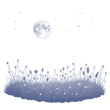 A wide, open meadow with tall grass swaying gently. The scene is illuminated by a large, bright moon hanging in the sky. The ground is blanketed with various wildflowers, their shapes and forms visible in the moonlight. A slight breeze causes the grass to move, creating subtle waves across the landscape. The sky is filled with stars, providing a backdrop to the serene atmosphere of the meadow.