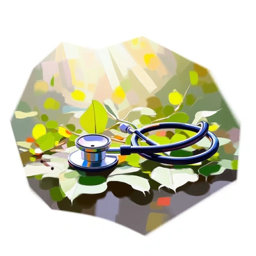 A stethoscope is placed on a vibrant bed of green leaves in a lush forest setting. Sunlight filters through the canopy, casting dappled shadows on the leaves below. Various shades of green create a rich backdrop, while small twigs and forest debris are scattered nearby, adding texture to the scene. The stethoscope is metallic, with dark tubes and shiny earpieces, standing out against the natural greenery surrounding it. The atmosphere is filled with the essence of the forest, with faint glimpses of other plant life in the background.