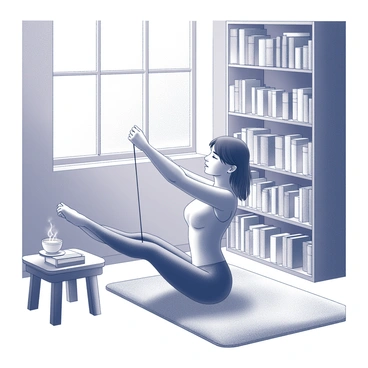 A person is performing a thread-the-needle stretch, with one arm reaching across the body and threading through the other arm. The individual is positioned in a cozy corner of a library, sitting on a soft rug. Sunlight streams in through a nearby window, creating a warm glow. The surrounding area is filled with shelves lined with books, some with visible spines and titles. A small wooden table nearby holds a steaming cup of tea and an open book. The overall atmosphere conveys a sense of calm and focus.