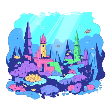 An underwater city features intricate buildings made of colorful coral, showcasing various textures and shapes. The coral structures rise majestically from the ocean floor, some resembling tall towers while others are sprawling complexes. Various marine life, including vibrant fish and graceful sea turtles, swim around the city, interacting with the coral. Shafts of sunlight filter down through the water, illuminating the scene and highlighting the lively colors of the marine inhabitants. A few small schools of fish weave through the coral structures, adding movement to the tranquil underwater environment.