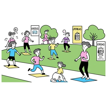 A neighborhood fitness event taking place in a park filled with green grass and trees. There are people of various ages participating, including children, adults, and seniors. A group of children is running a race, smiling and cheering each other on. Nearby, adults are engaged in a yoga session, following an instructor on a mat. In another area, a senior man is doing exercises with resistance bands, while a woman stretches beside him. Colorful banners are displayed around the park, promoting the event.