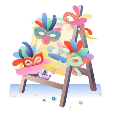 A colorful stand is showcasing a variety of decorative carnival masks adorned with vibrant feathers and shimmering glitter. Each mask has unique designs, featuring bold colors like deep blues, bright reds, and gold accents. The masks are elegantly arranged on a wooden display, with some hung from hooks and others placed on small pedestals. The stand's surface is covered with a soft cloth, adding to the festive atmosphere. In the background, soft lights illuminate the scene, highlighting the intricate details of the masks. A few scattered beads and sequins are placed around the display, enhancing the overall decorative theme.