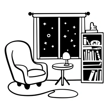 A cozy room with a comfortable armchair positioned beside a small round table. There is a softly glowing lamp on the table, casting a warm light. The window reveals the "Gemini constellation" in the night sky, with stars clearly visible against the backdrop. A bookshelf filled with various books lines one wall of the room, and a soft rug is placed on the wooden floor.