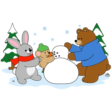 A group of charming Maileg animals, including a rabbit, a mouse, and a bear, are joyfully building a snowman in a snowy landscape. The rabbit has soft, gray fur and wears a bright red scarf. The mouse is wearing a tiny green hat and is adding a carrot for the snowman's nose. The bear is wearing a blue sweater and is rolling a large snowball, while small snowflakes gently fall around them. In the background, there are snow-covered trees and a few pine cones scattered in the snow. The animals are smiling and engaged in playful antics, creating a vibrant winter scene.