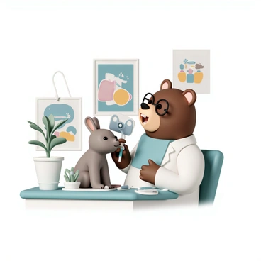 A whimsical scene of an animal dentist, like a bear, examining a rabbit's teeth