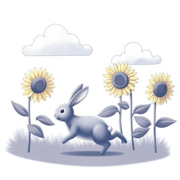 A rabbit in motion, hopping across a field filled with tall sunflowers, their large heads turned towards the sun. The rabbit's ears are perked up as it moves gracefully among the sunflowers, which tower above it. The sky above is occupied by a few fluffy clouds, creating contrast with the sunflowers below. The entire scene is vibrant and lively, capturing the essence of the rabbit's playful movement through the floral landscape.