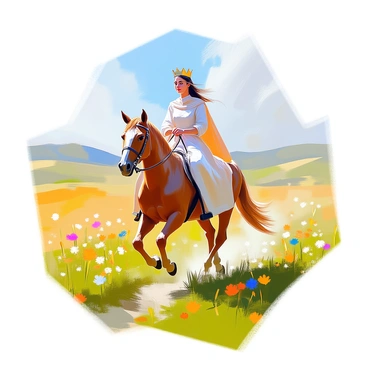 A pastoral scene featuring a queen with light skin, wearing a simple golden crown, as she rides gracefully on a chestnut horse. She is dressed in a flowing, earth-toned gown that billows softly with the movement of the horse. The setting is a lush green field, dotted with wildflowers in various colors, stretching out under a clear blue sky. In the background, gentle hills rise and fall, creating a serene landscape that enhances the tranquility of the moment. The queen's expression is one of calm determination as she navigates the winding path through the vibrant greenery.