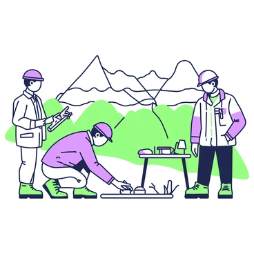 A group of scientists is examining rock samples at a subduction zone site. One scientist is crouching down, carefully inspecting a sample with a hand lens. Another scientist stands nearby, holding a clipboard and taking notes. They are dressed in field gear, including helmets and jackets. In the background, there is a rugged landscape with layers of exposed rock, illustrating the geological formations created by subduction. A few pieces of equipment, such as a portable lab table and geological tools, are scattered around them. The sky above is clear, and a mountainous horizon can be seen in the distance.