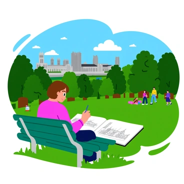An illustrator with short brown hair is sitting on a green park bench, focused on sketching. In front of them is a large sketchbook with detailed drawings of the "iconic Sheffield skyline." The skyline features prominent buildings such as the "Sheffield Cathedral" and the "Owlerton Stadium," rising against a clear blue sky. The park is filled with lush green trees and colorful flowers, and a few people are walking and sitting on the grass nearby. The sun casts soft shadows, enhancing the vibrant scene.