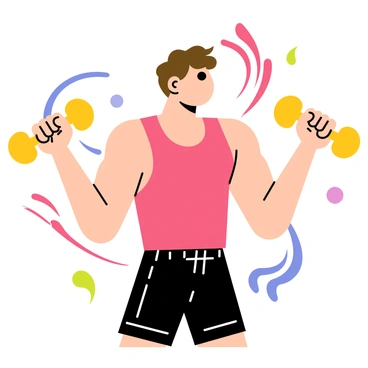 A person with short brown hair is performing hammer curls with a pair of bright yellow dumbbells. The person is wearing a red tank top and black workout shorts. Their arms are flexed, showcasing muscular definition. Surrounding the individual are swirling patterns of bright colors, including shades of blue, pink, and green, creating a lively atmosphere. The background features abstract shapes that enhance the sense of motion and energy.