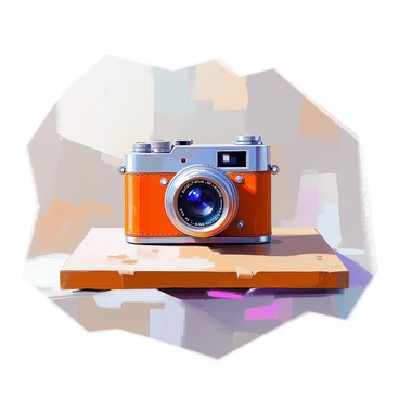 An illustration featuring a classic vintage camera positioned at the center of an 8x10 wooden board. The camera has a leather exterior with detailed textures, showcasing its intricate dials and knobs. The lens is large and glassy, reflecting light. The wooden board has a rich, warm tone with visible grains and imperfections, adding character to the scene. Surrounding the camera, there are soft shadows emphasizing its shape and giving depth to the composition.