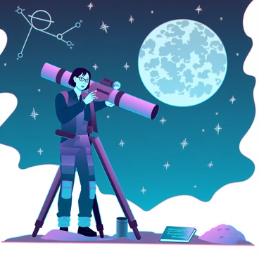 An astronomer with short black hair and glasses is standing next to a sleek, modern telescope. They are dressed in a navy blue jacket and cargo pants, intensely focused on the telescope's eyepiece. The scene is illuminated by a multitude of stars scattered across a deep blue night sky, with visible constellations. A large, detailed full moon is positioned prominently in the sky, showcasing its craters and landforms. The ground is uneven with patches of grass and rocks, and a small notebook rests beside the astronomer, filled with notes on moon phases.