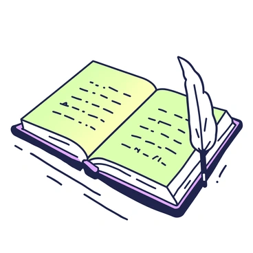 An open book lies on a wooden table, showcasing yellowed pages that display faint, handwritten text. The book's spine is slightly cracked, indicating frequent use. Beside the book, a feather quill rests on the table, its tip poised as if ready to write. The quill is intricately detailed, with a delicate plume. The scene captures a sense of quiet study, with soft light illuminating the pages and quill.
