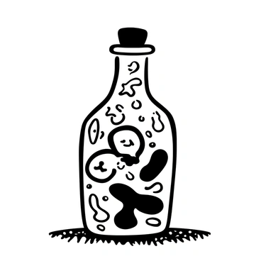 A bottle with intricate swirling patterns etched on its surface, filled with a dynamic mixture of shapes representing various emotions. Inside the bottle, abstract forms suggest different feelings, such as joy, sadness, and anger, swirling together. The bottle is placed on a textured surface, casting a shadow that adds depth to the scene.