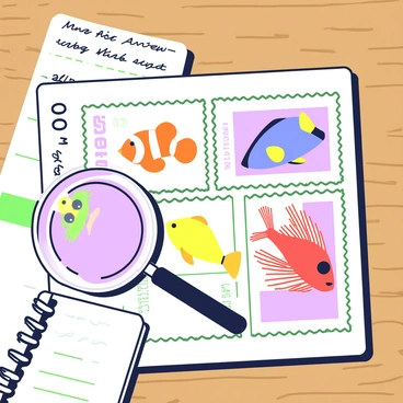 A collection of postage stamps arranged on a wooden table. Each stamp features a different species of fish, detailed and colorful. The top left stamp depicts a bright orange clownfish with white stripes, while the top right showcases a sleek blue tang swimming. Below these, the third stamp illustrates a vibrant yellow angelfish, and the fourth stamp displays a striking red lionfish with its spiky fins. Each stamp is bordered with ornate designs, and they are positioned in a grid layout, with a magnifying glass placed to the side for examination. A small notebook with handwritten notes is partially visible in the background.