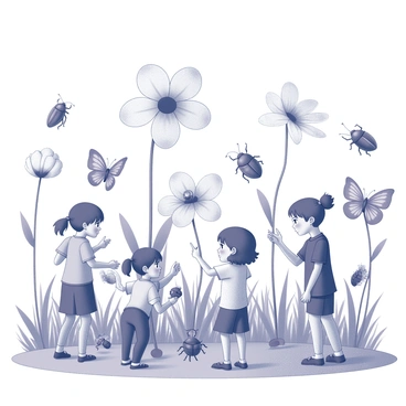 A group of children is exploring a garden filled with oversized flowers. The flowers are various shapes and sizes, with long stems and wide petals. Some of the petals are shaped like bells, while others resemble open hands. Among the flowers, there are curious insects, including large butterflies with intricate patterns on their wings and beetles with shiny exoskeletons. The children are looking closely at the insects, their faces filled with wonder. One child is crouching down to examine a flower, while another points excitedly at a butterfly fluttering nearby. The scene is vibrant and filled with a sense of discovery.