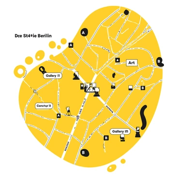 A detailed map of Berlin illustrating various art galleries throughout the city. The map features labeled locations for each gallery, with "Gallery A", "Gallery B", and so on, clearly marked. Decorative elements such as paint splashes surround the gallery locations, giving the impression of creativity and artistic flair. Additionally, there are icons representing different art forms, such as a paintbrush and a palette, placed near the galleries. The streets are drawn with clear lines, leading to each gallery, while areas of the city are outlined distinctly to provide context.