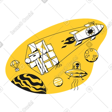 Rocket delivering parcels to aliens in space animated illustration in GIF, Lottie (JSON), AE
