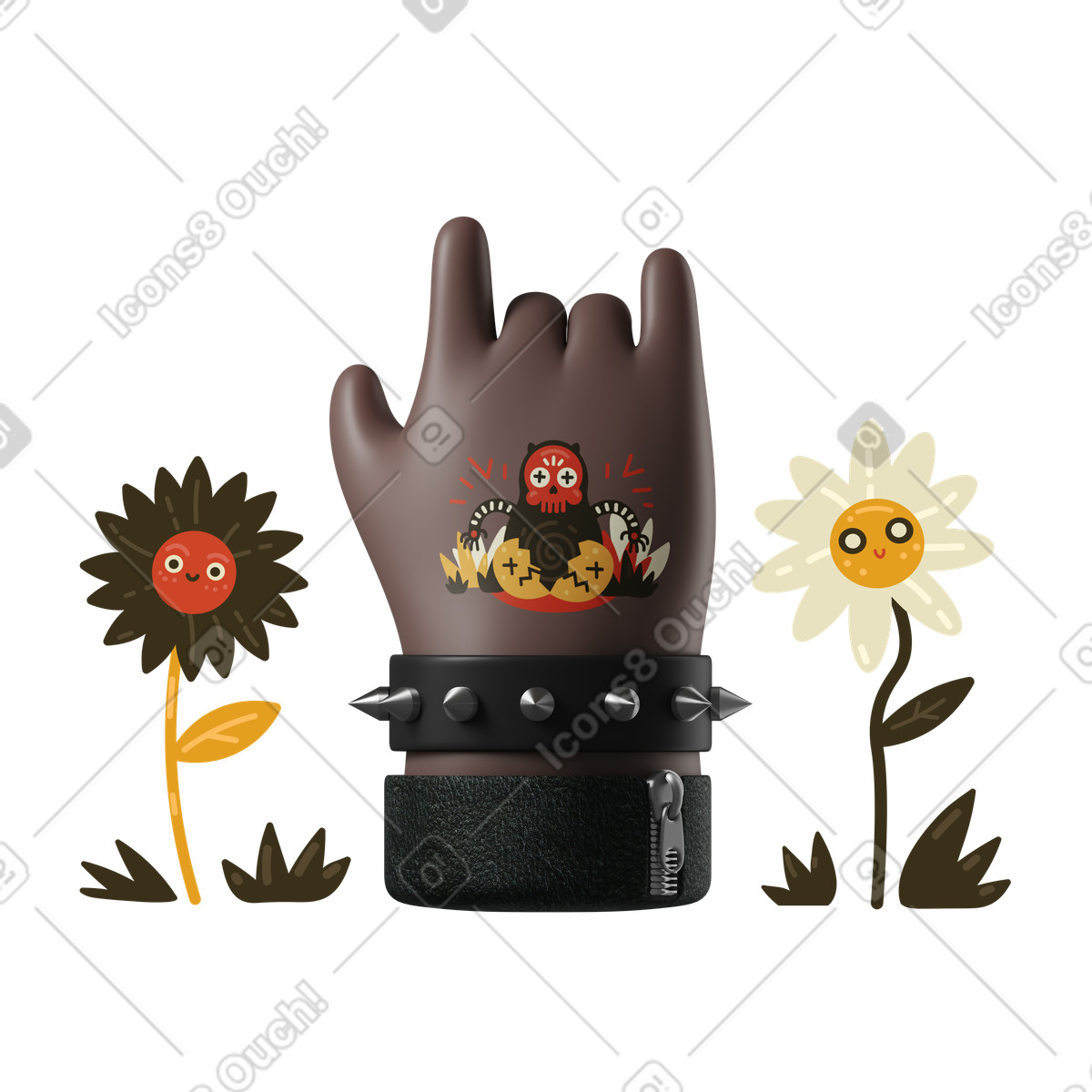 Rocker's hand showing the horns sign illustration in 3D Hands Fun&Wild style download in PNG, SVG