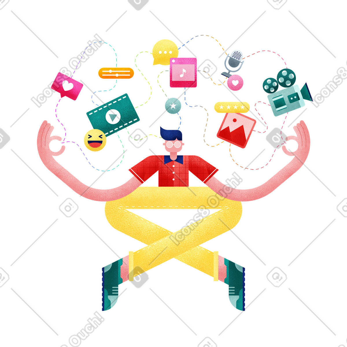 Meditating with floating social media icons, Digital wellbeing and mindful technology use-Illustration im Willowy-Stil als Download in PNG, SVG
