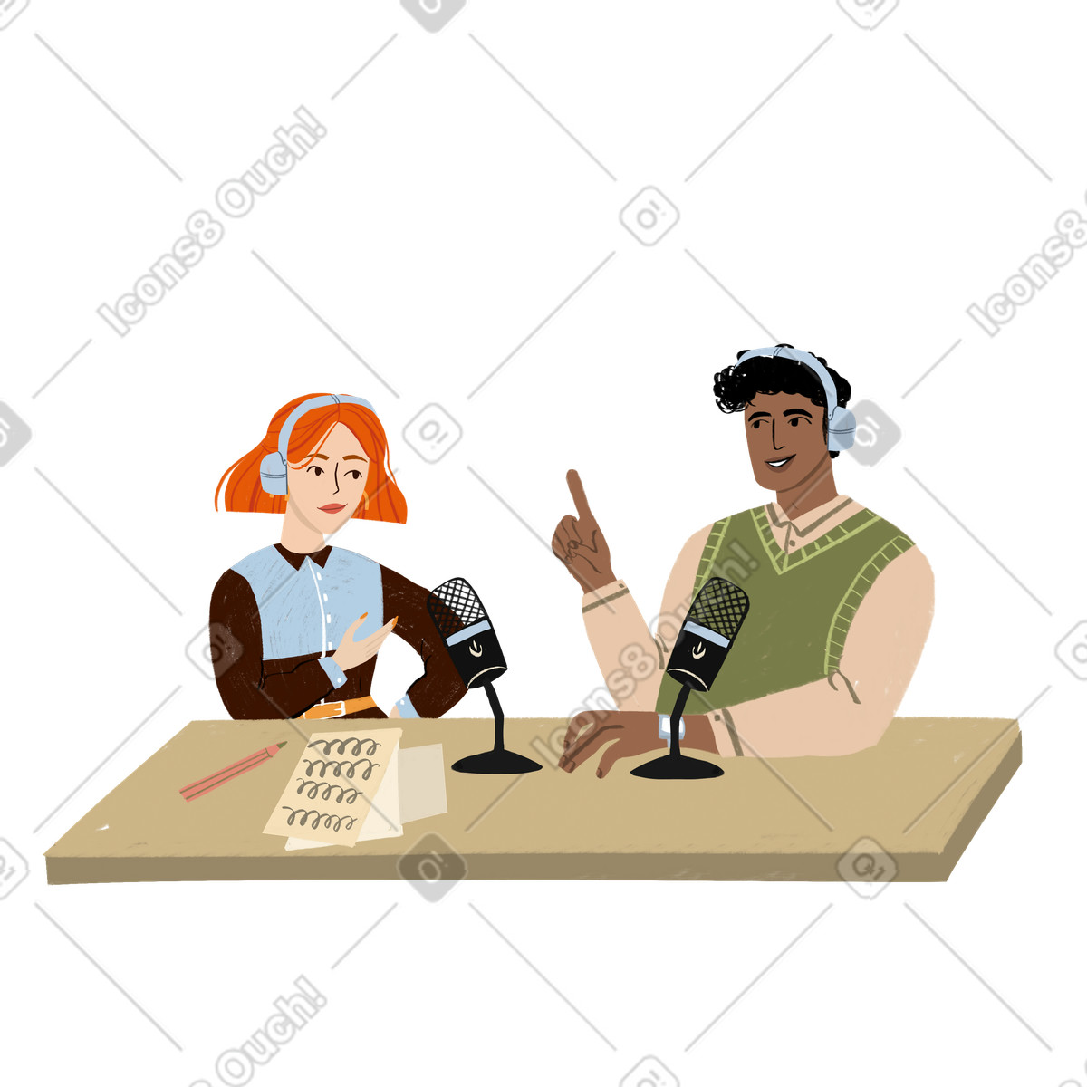 Man and woman talking on a podcast illustration in Lumiere style download in PNG, SVG