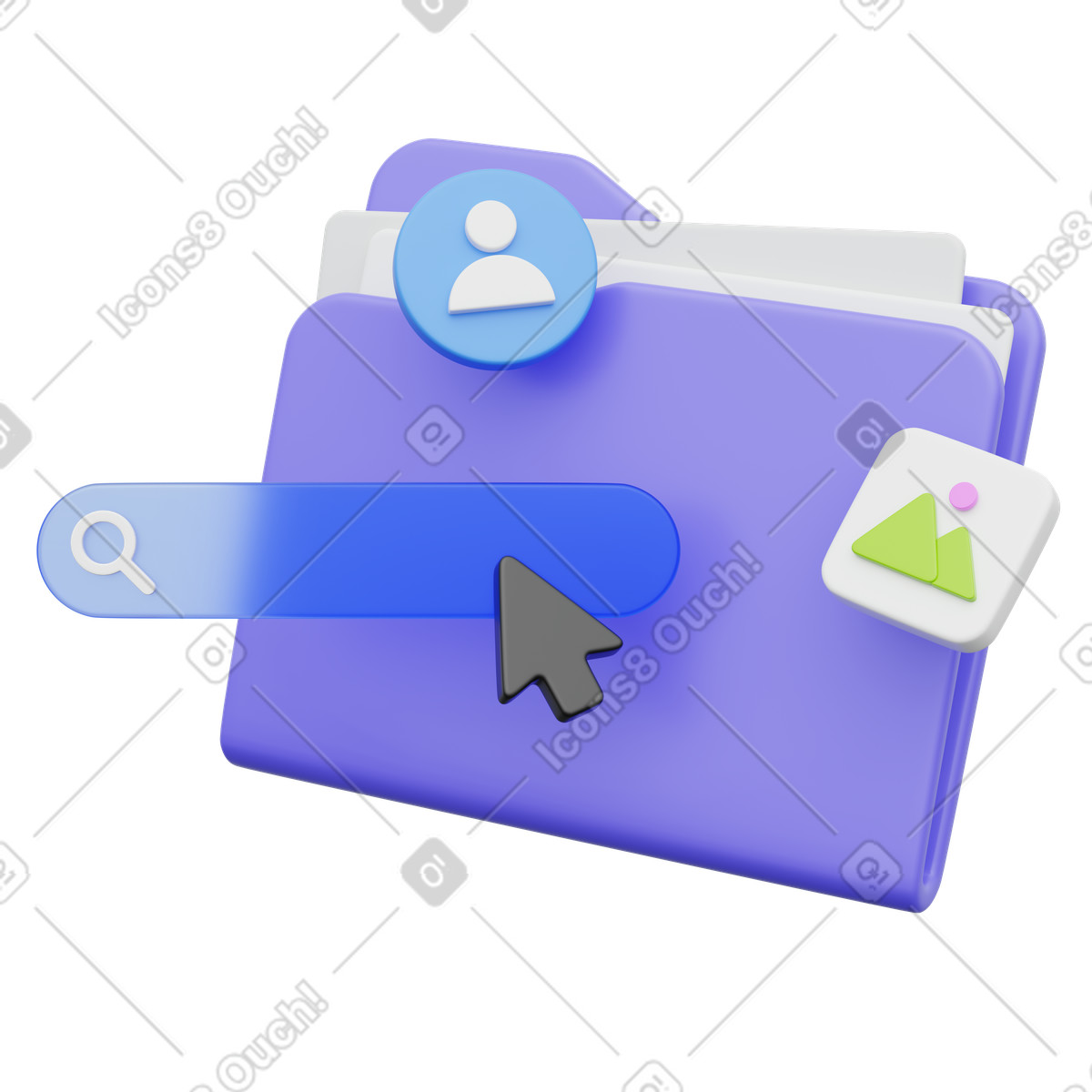 Folder search interface for managing digital documents and media files-Illustration im 3D Playful-Stil als Download in PNG, SVG