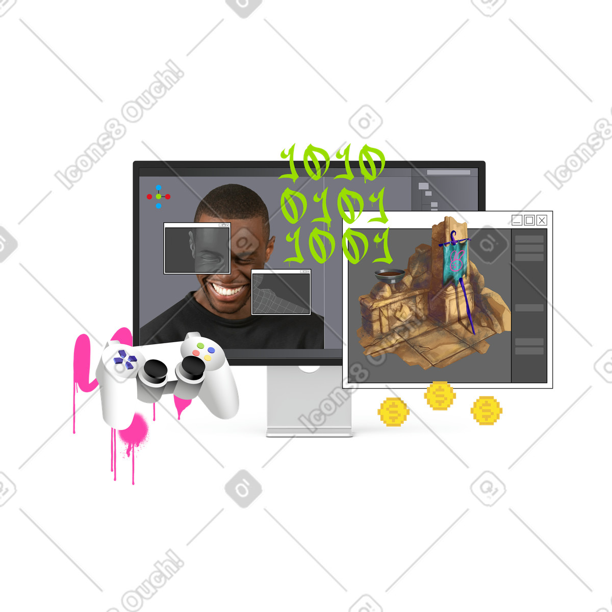 Spieleentwicklung und -design am computerbildschirm-Illustration im Jumble-Stil als Download in PNG, SVG