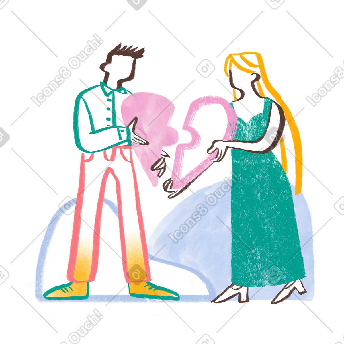 Company スタイルの 心臓の半分を保持している男女 のイラストをPNG、SVG形式でダウンロード